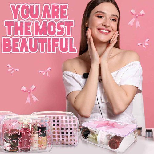 Sunnymove 12 Pcs Clear Pink Bow Makeup Bags Bulk for Women PVC Coquette Cosmetic Bag with Zipper Travel Toiletry Pouch Pink Bow Team Gifts for Birthday Coquette Party Favor Storage Accessories