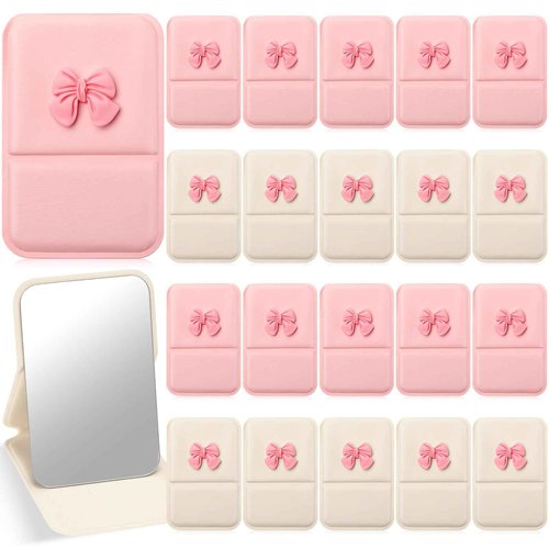 Amyhill 24Pcs Party Favor Compact Fold Mini Mirror Preppy Bow Gift for Women Birthday Bridal Shower Bachelorette Graduation Party Supplies (Beige and Pink,Folding)