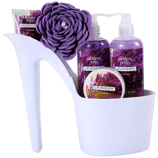 Spa Gift for Women - 5 Pcs Luxury Heel Shoe Spa Basket for Women Lavender Scent Home Relaxation Set w/ Body Lotion & Butter, Shower Gel, Bubble Bath - Birthday Gift for Women by Draizee