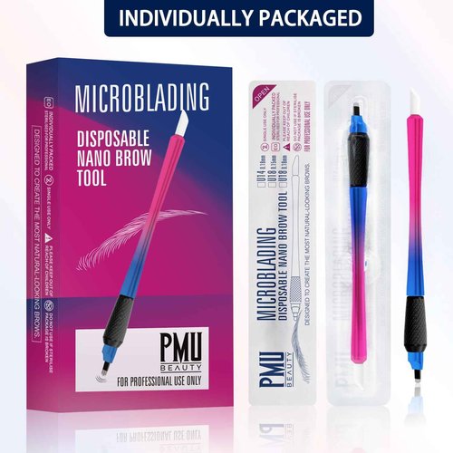 PMUBEAUTY 10Pcs Disposable Microblading pen sterilized 18 U-shaped 0.15mm Nano Blade Manual Eyebrow Pen Comfortable Rubber Grip with Pigment Sponge for Eyebrow Tattoo Permanent Makeup (18U 0.15mm)