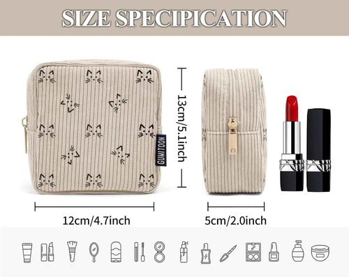GUMITOON Small Makeup Bag Pouch for Purse Cute Cat Corduroy Mini Cosmetic Bag for Women with Slip-in Pockets Sanitary Napkin Pouch,Beige