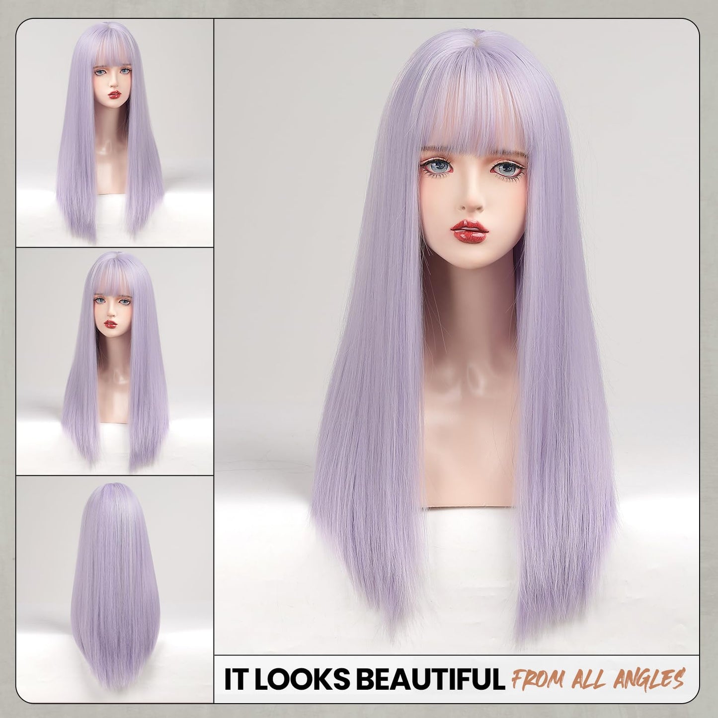 EMMOR Light Purple Wig With Bangs For Women Long Straight Wigs Synthetic For Girls Halloween Party Cosplay And Daily Use(26" Light Purple)