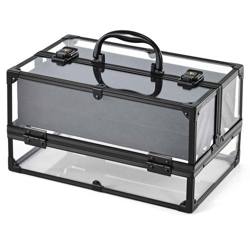 FRENESSA Portable Makeup Case Cosmetics Display Toiletry Organizer Box Transparent Acrylic Artists Train Case with 4 Trays Travel Makeup Tools Storage for Vanity Counter Dresser Organizer Black