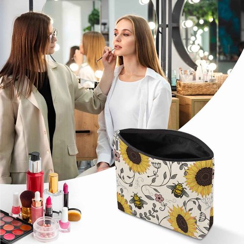 XFN Sunflowers Bee Makeup Bag, Bee Gifts Bee Themed Gifts Cosmetic Bag Travel Pouch, Sunflower Gifts for Women Girls Daughter Sisters Coworker Friends Niece Friendship Graduation Birthday Gifts