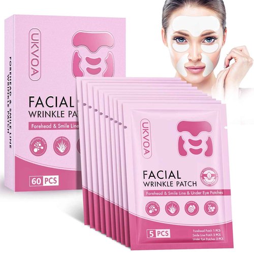 UKVOA Forehead Wrinkle Patches & Smile Line Patches & Under Eye Patches, Overnight Facial Wrinkle Treatment with Hyaluronic Acid, Aloe, Collagen & Vitamin E to Lift Smile Lines for Women 60pcs