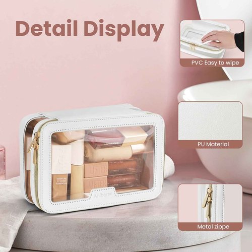 Aniborsa Clear Makeup Bag, Travel Clear Cosmetic Bag and Makeup Brush Bag, Transparent Portable Makeup Case, Waterproof Toiletry Bag with Zipper for Women, White