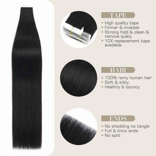S-noilite Tape in Hair Extensions Human Hair,20 inch Upgraded Double Needle Human Hair Tape in Extensions Seamless Invisible Tape in Hair Extensions Human Hair 50g 20pcs (#1 Jet Black）