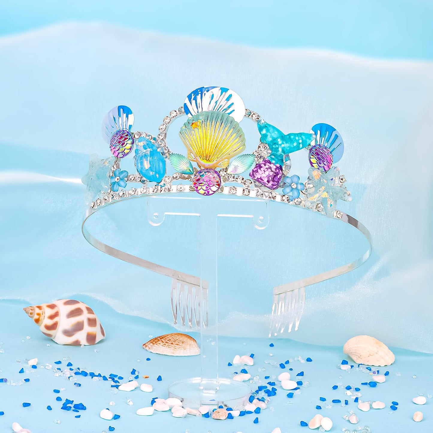 Wecoe Tiara for Girls Blue Mermaid Birthday Crown Princess Crown Fairy Crown Tiara Mermaid Party Decoration Birthday Party Favor Party Supplies Princess Dress Up Costume Accessories Gift