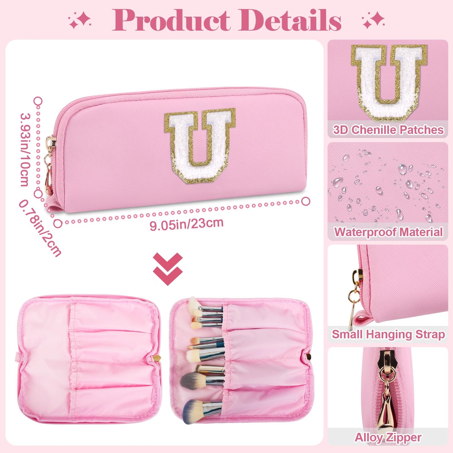 2Pack Personalized Initial Letter Patch Makeup Bag,Pink Preppy Cosmetic Bag with Small Makeup Brush Bag,Cute Waterproof PU Travel Toiletry Pouch,Gift Ideal for Her Birthday Friend Mom Teacher,Letter U