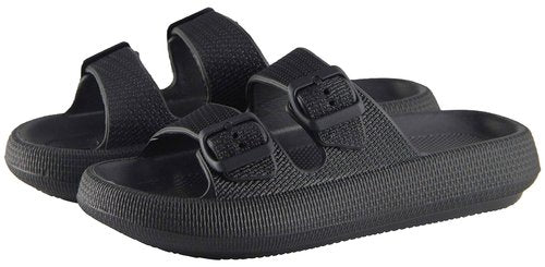 BenSorts Pillow Slippers for Women and Men Cute Rubber Sandal Adjustable Buckles Soft Slides Shower Spa Bath House Slippers Indoor Outdoor Black Men Size 8.5 9 9.5 Women Size 9.5 10 10.5