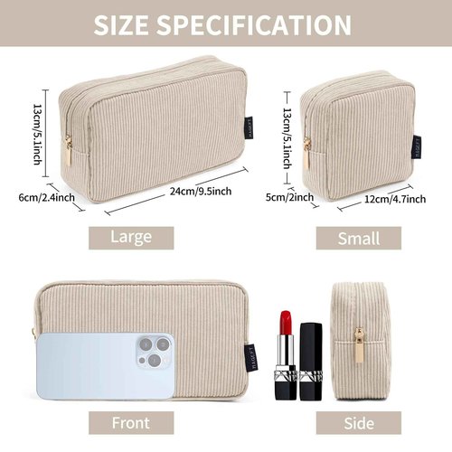 MAGEFY Makeup Bag for Purse, 2 Pcs Corduroy Cosmetic Bag for Girls Women Small Travel Makeup Pouch with Zipper(Beige)