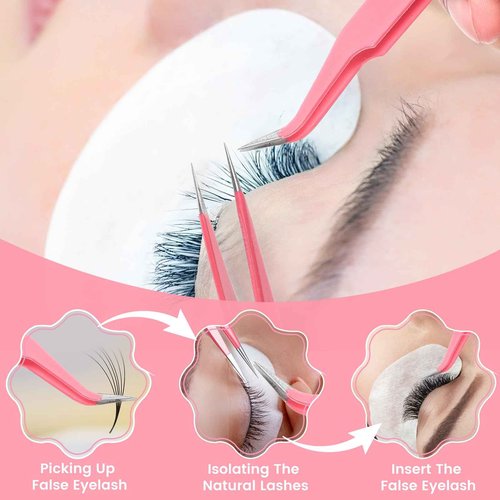 6 Pcs High Precision Lash Tweezers Set Eyelash Extension Tweezers Stainless Steel Eyelash Tweezer for Women Lash Extension Tools Supplies Classic Mega Volume Lashs Facial Hair Crafting Making(Pink)