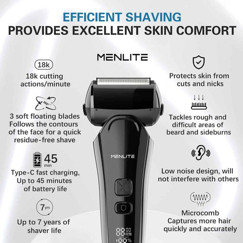 MENLITE Electric Shaver for Men,3 Floating Blade Beard Trimmers,Waterproof Foil Shaver,Cordless Rechargeable with Pop Up Sideburns Trimmer,Portable Men’s Travel Facial Hair Groomer