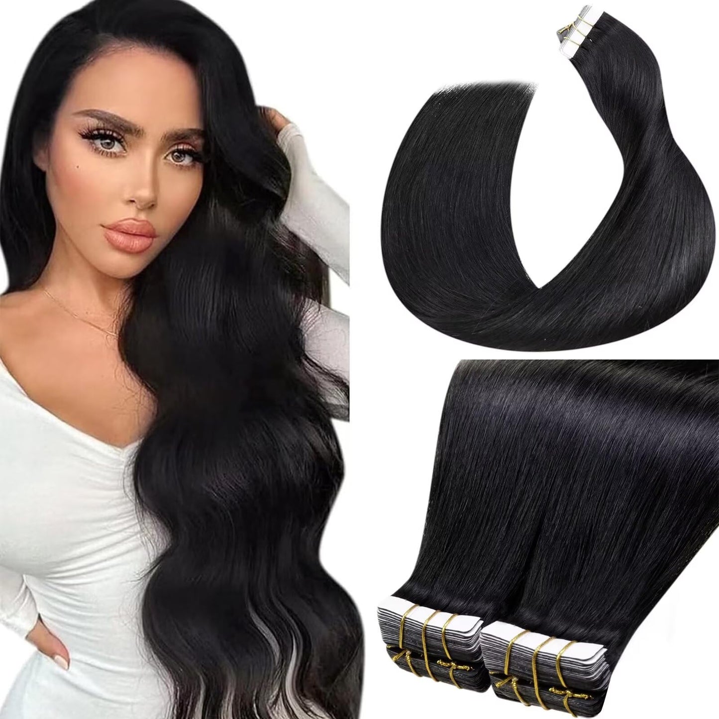 LaaVoo Black Tape in Hair Extensions Real Human Hair Tape in Extensions Human Hair 80g Tape ins Human Hair Extensions #1 Black 16 Inch Silky Soft 40 Pieces