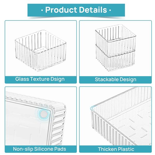 Vtopmart 7 PCS Clear Drawer Organizers Bins, 4-Size Stackable Makeup and Vanity Drawer Organizer Trays, Acrylic Bathroom Drawer Storage Containers for Cosmetic, Office Supply, Kitchen Utensils Gadgets