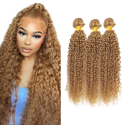 Color #27 Bundles Blonde Kinky Curly Human Hair Bundles 22 22 22 Inch Brazilian Virgin Hair 3 Bundles Honey Blonde Bundles Human Hair Color #27 Curly Bundles Hair Weave