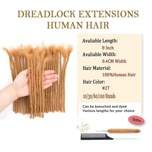 8 Inch 0.4cm Thickness Dreadlock Extensions Human Hair 30Strands 100% human hair Full handmade Loc Extensions Human Hair Can Be Curled and Bleached Dreads Extension for Men Women #27