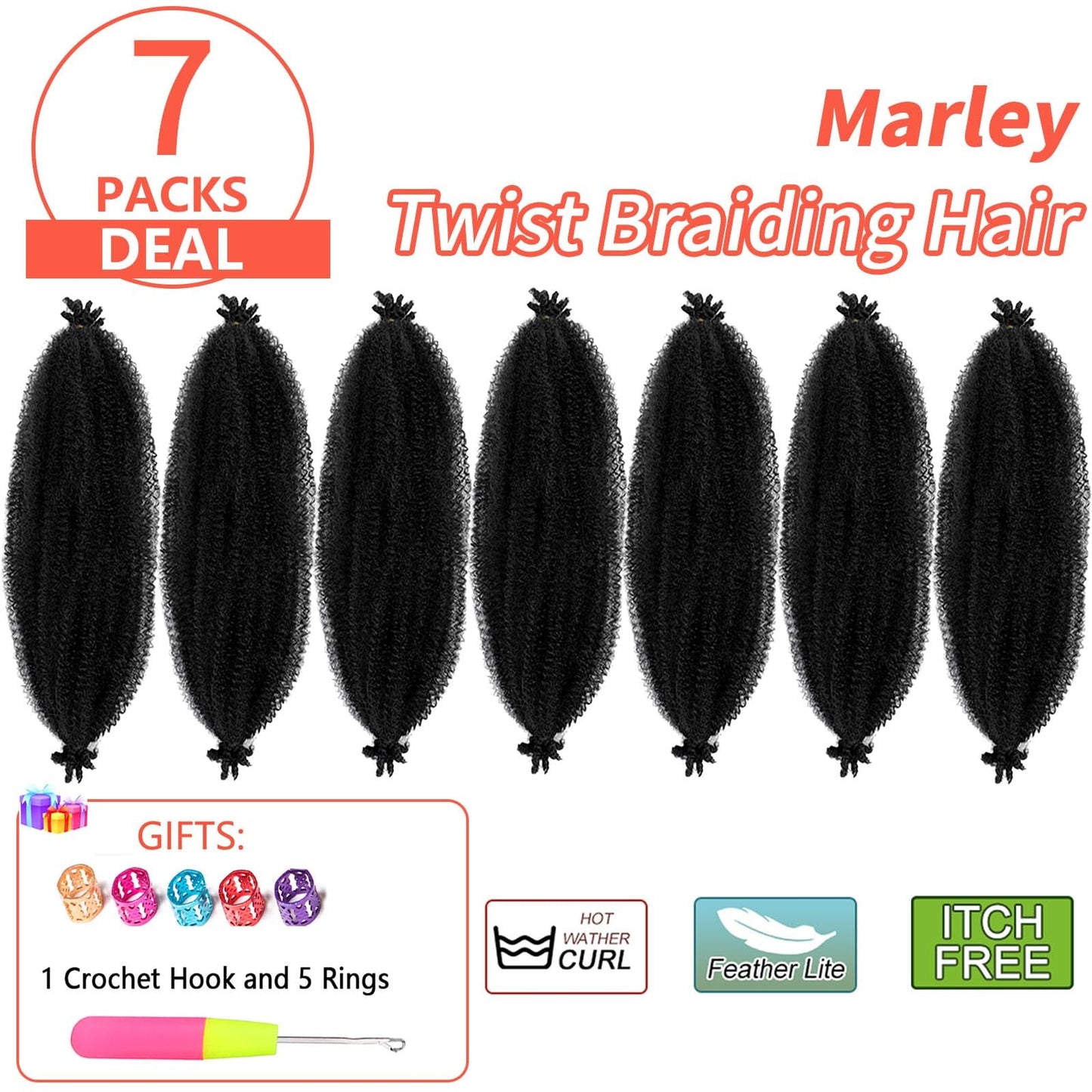 Marley Twist Hair, 10 Inch 7 Packs Springy Afro Kinky Braiding Hair For Crochet Braids,Black Pre-Fluffed Spring Twist Hair, Twisted Up Marley Hair For Women Crochet Twists(10inch,7packs,1B#)