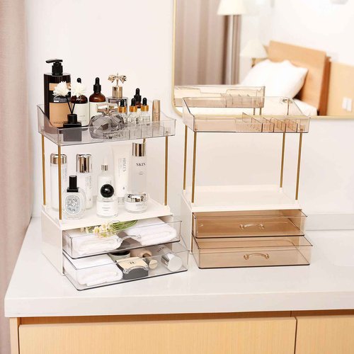 Fengligoo Elegant 2-Tier 2-Drawer Bathroom Countertop Organizer, Multi-Purpose Makeup & Skincare Organizer, Champagne Gold