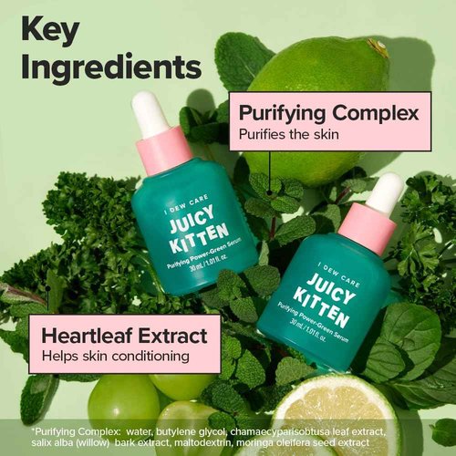 I DEW CARE Juicy Kitten | Purifying Power-Green Face Serum with Niacinamide | Korean Skin Care, Vegan, Cruelty-free, Paraben-free | Gifts For Mom and Women