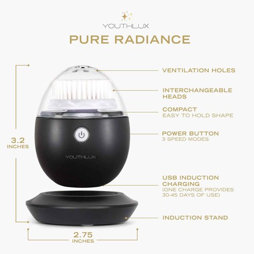 YOUTHLUX Pure Radiance, Vibrating Facial Cleansing Brush, Electric, 3 Modes, 3 Brush Heads (2 Bristle,1 Silicone), Waterproof, Rechargeable, Smart Timer, Exfoliating, Massage (Black)