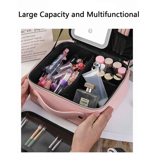 Linsiter Professional Makeup bag with Mirror and Light, Cosmetic Train Cases Waterproof PU Leather, Large Capacity, Pink