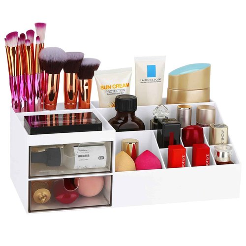 LETURE Desk Organizer, Cosmetic Makeup Vanity Organizer Box, Bathroom Counter Makeup Storage for Eyeshadows, Skin Care, Concealers, Powders, Nail Polish (White)