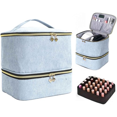 Apxouans Nail Polish Organizer Bag Nail Kit Organizer Holds 30 Bottles and 1 Nail Lamp Double-layer Nail Polish Carrying Case Nail Art Tote Bag Blue
