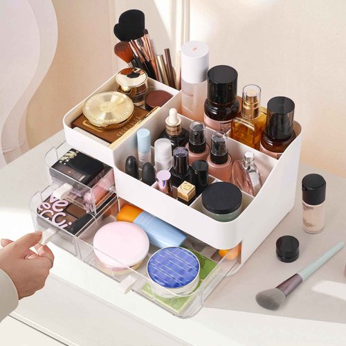 KPX Makeup Organizer Countertop for Vanity, Bathroom Makeup and Skincare Organizer, Cosmetic Storage Care Display Case With 3 Drawers for Lipstick, Nail Care and Jewelry (White Style)