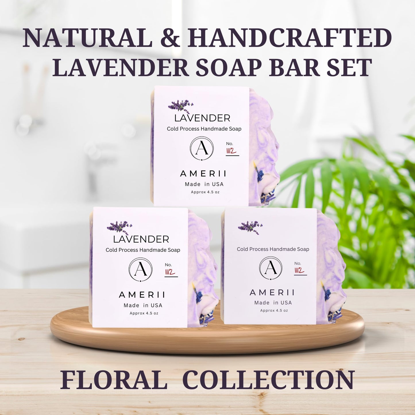 Amerii Floral Soap Bar - Artisan All-Natural Handmade Soap (3 Pack) - Organic Body and Face Soap Bar, Cold Pressed- Vegan Natural Bar Soap- Essential Oils Lavender- Rose - Jasmine 13.5onz