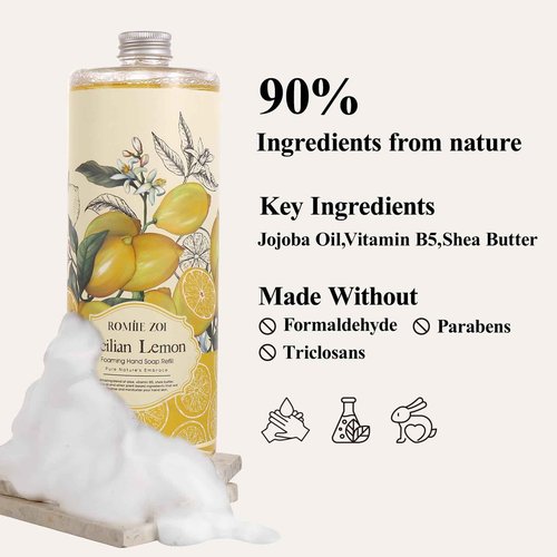ROMIIE ZOI Hand Soap Refills Foaming 3pack (33.8 Fl Oz) + Reuseable Foam Soap Dispenser, Natural and Moisturizing Foaming Refills Kit, Lemon Hand Soap Refills
