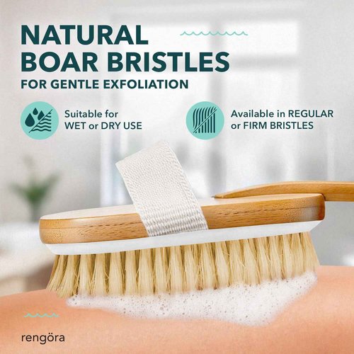 Back Scrubber for Shower - 20" Long Handle Shower Brush - Natural Bristle Back Brush - Ergonomic Handle + Silicone Anti-Slip Grip - Great Gift Idea - Men, Women + Elderly Love This (Regular Bristles)