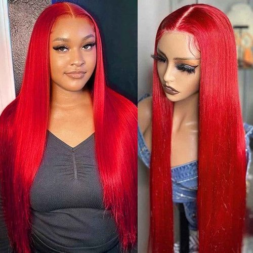 TaBeWay Red Colot Straight Synthetic 13x4 T-part Wigs with Baby Hair Glueless Pre-plucked Natural Hairline Synthetic Lace Front Wigs for Women 32inch