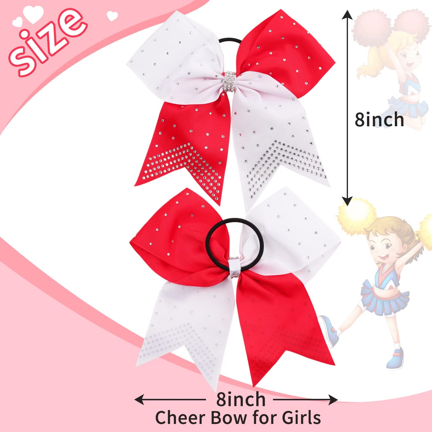 6PCS 8" Large Cheer Hair Bows Ponytail Holder, Rhinestones Cheerleader Bows with Elastic Band Hair Tie Handmade for Cheerleading Teen Girls College Sports (White/Red)