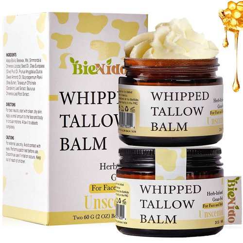 BieNido Organic Beef Tallow for Face, Grass Fed Tallow and Honey Balm with Raw Honey and Jojoba Oil for Sensitive and Dry Skin (2 Oz (Pack of 2), Unscented)