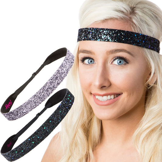 Hipsy Adjustable No Slip Wide Bling Glitter Headband 2-packs for Women Girls & Teens (Peacock & Gunmetal)