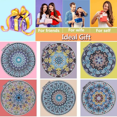 CigyYogy Compact Mirror with Mixed Embossed Mandala Designs, Handheld Magnified Travel Makeup Pocket Mirrors Small Folding Portable - Gift for Women Girls Lady Men - 6 Pack