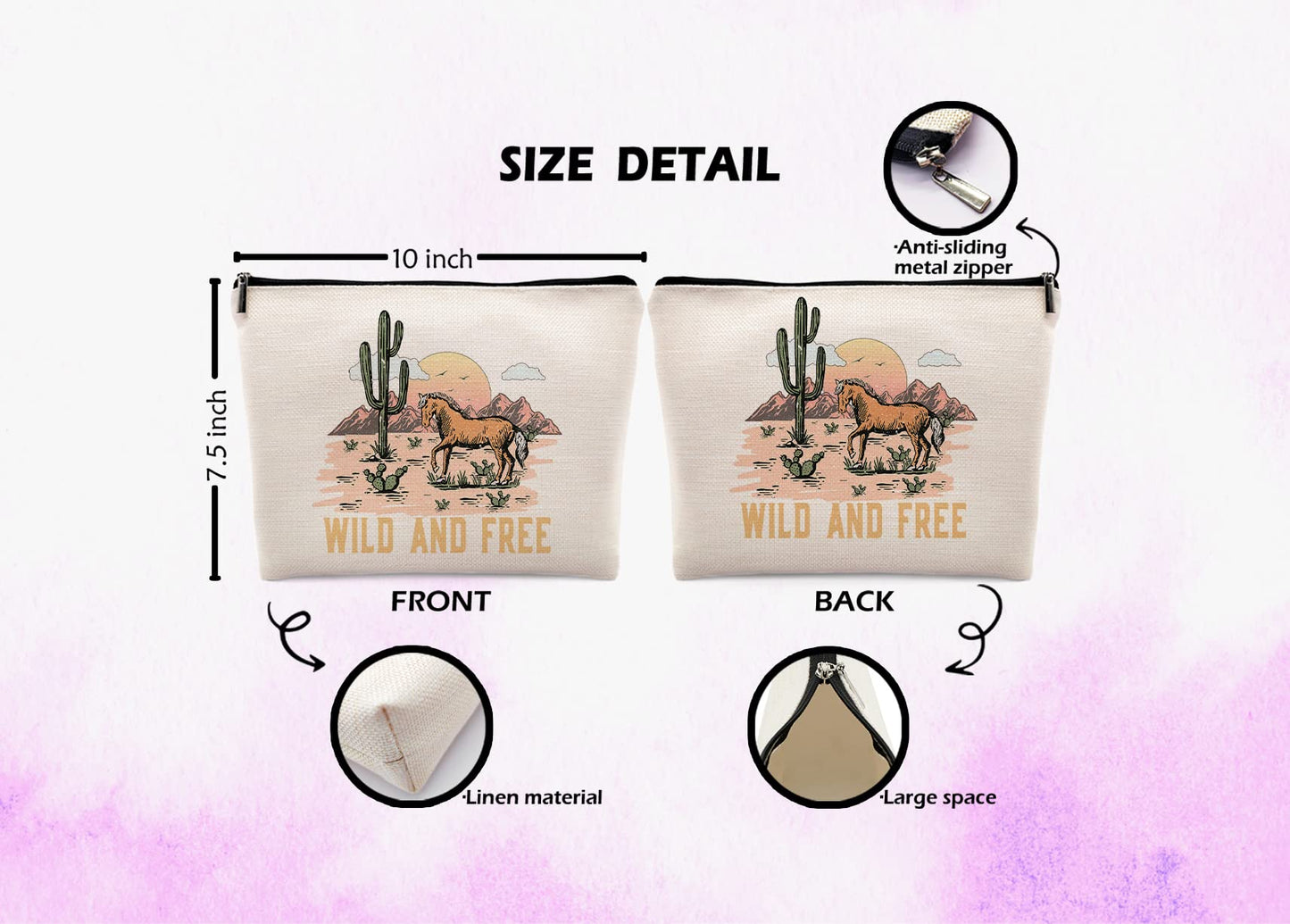 Dwept Wild and Free Cowgirl Cosmetic Bag, Wild West Retro Western Horse Cactus Desert Makeup Bag Zipper Cosmetic Pouch Bag Travel Linen Makeup Organizer, Cowgirl Gifts for Women Girls Teen Girls Her