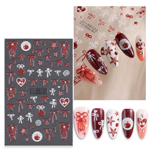SUTOKAKA Cherry Nail Art Stickers 5 Sheets Self-Adhesive Embossed 5D Red Cherry Bowknot Nail Decals Cute Fruit Summer Autumn Nail Decorations for DIY Nail Art Design