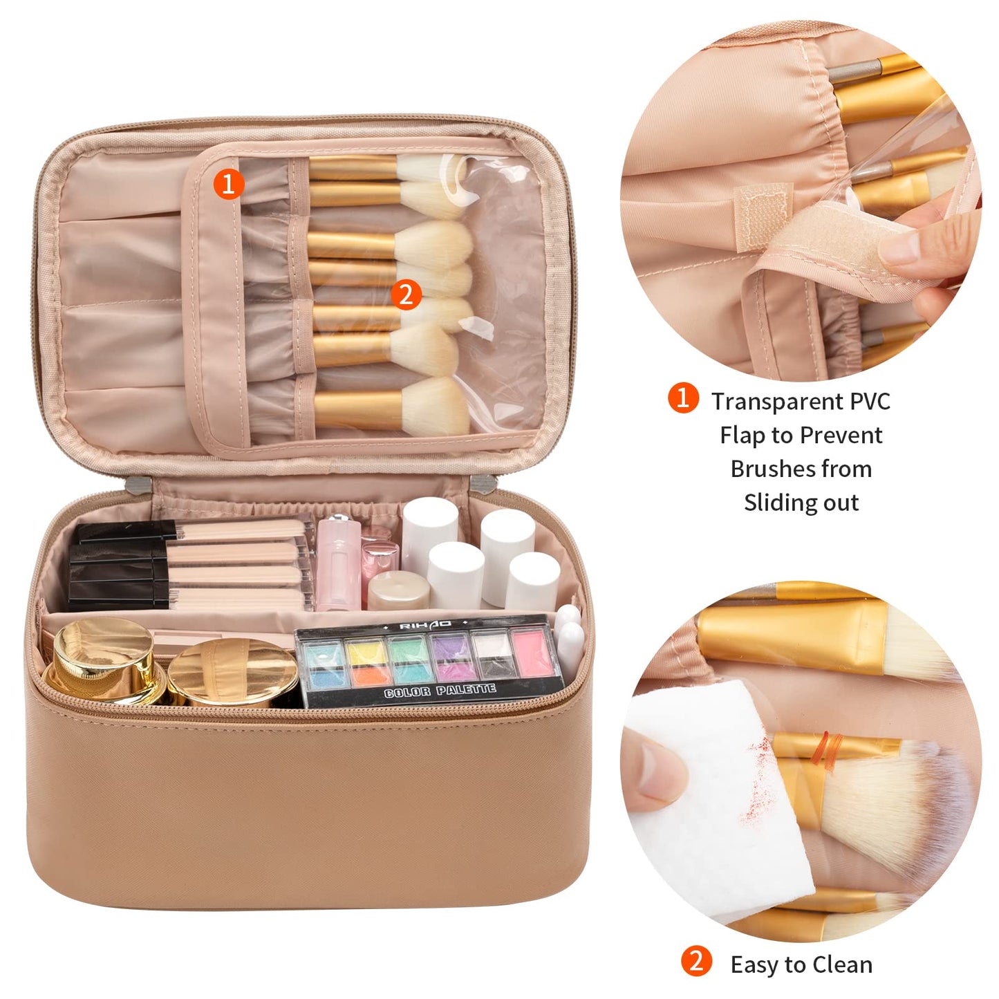 OCHEAL Makeup Bag, Portable Cosmetic Bag, Large Capacity Travel Makeup Case Organizer, Black Makeup Bags For Women Toiletry Bag for Girls Traveling With Handle and Divider-Beige Apricot