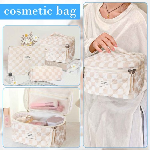 Quilted Cosmetic Bag Large Capacity Travel Cosmetic Bag for Women and Girls Aesthetic Storage for Daily and Travel Use (3pcs-browncheckered)