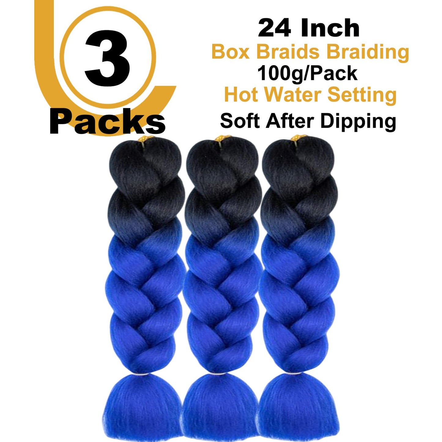 FYRLNA 3 Packs 24 Inch Jumbo Braiding Hair Soft High Temperature Resistance Synthetic Hair Extensions for Women 24 Inch Ombre Jumbo Braiding Hair Twist Crochet Braids Hair (24 Inch (Pack of 3), black to royal blue)