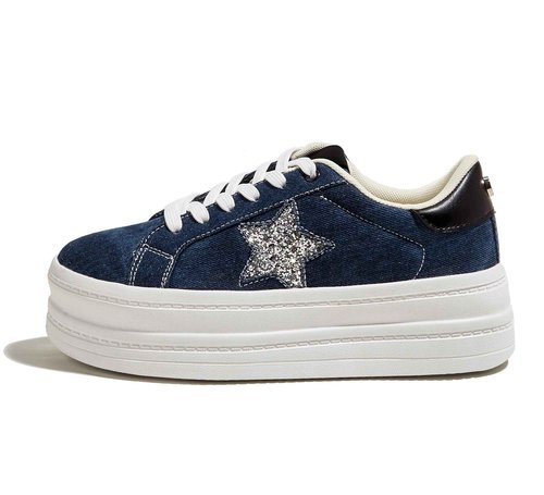 BELOS Fashion Platform Women Sneakers Faux Suede Stars Holographic Rainbow Walking Shoes (Denim Blue,7)