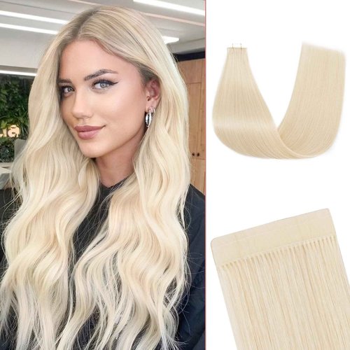 SEGO Double-Stitched Tape in Hair Extensions Human Hair Invisible Tape in Hair Extensions Long Straight Tape Hair Extensions for Women,18 inch,#60 Platinum Blonde,10pcs 25g
