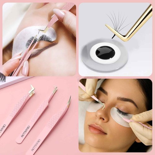Oranllow Lash Tweezers Set for Eyelash Extensions - 3 Precision Fiber Tip Diamond Grip, Volume,L-shape Boot, 90 Degree Lash Tweezers for Volume Classic Lashes Premade Fans (3)