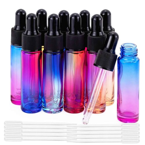 Newzoll 10Pcs 10ml Glass Eye Dropper Bottles, 1/3oz Travel Refillable Perfume Vials for Essential Oils &Tincture, Leak Proof Multi-Color Gradient, Portable DIY Containers with 5ml Plastic Pipettes