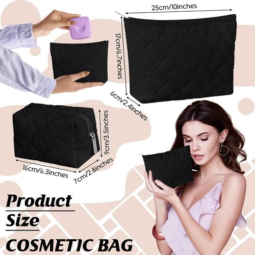 Huhumy 2 Pc Christmas Gift Makeup Bag Set Cute Quilted Cosmetic Pouch for Women Travel Toiletry Bag Preppy Small Makeup Purse Pouch Skincare Brushes Storage Organizer Pencil Case Set(Black)