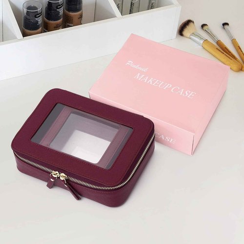 Pinkmik Clear Makeup Bag Waterproof Travel Case for Cosmetics and Toiletries Women's Purse Organizer and Clear Car Bag with Zipper (X/Burgundy, M+MINI)