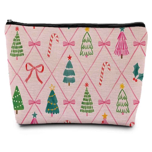 ignytiger Pink Christmas Makeup Bag, Preppy Xmas Holiday Gifts Supplies Cosmetic Bags for Women, Pink Red and Green Canvas Makeup Bags Zipper Pouches for Purse