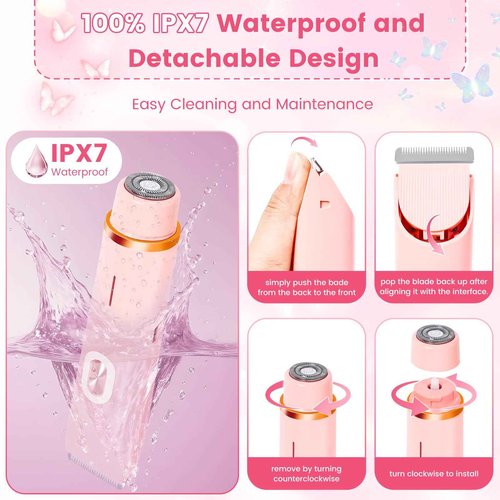 bbetyuss 2 in 1 Bikini Trimmer for Women, Dual Head Electric Rozor, Facial Hair Removal, Ipx7 Waterproof Body Shaver for Bikini Face Armpit Pubic Hair Leg Back, Easy Cleaning, Ceramic Blade (Pink)